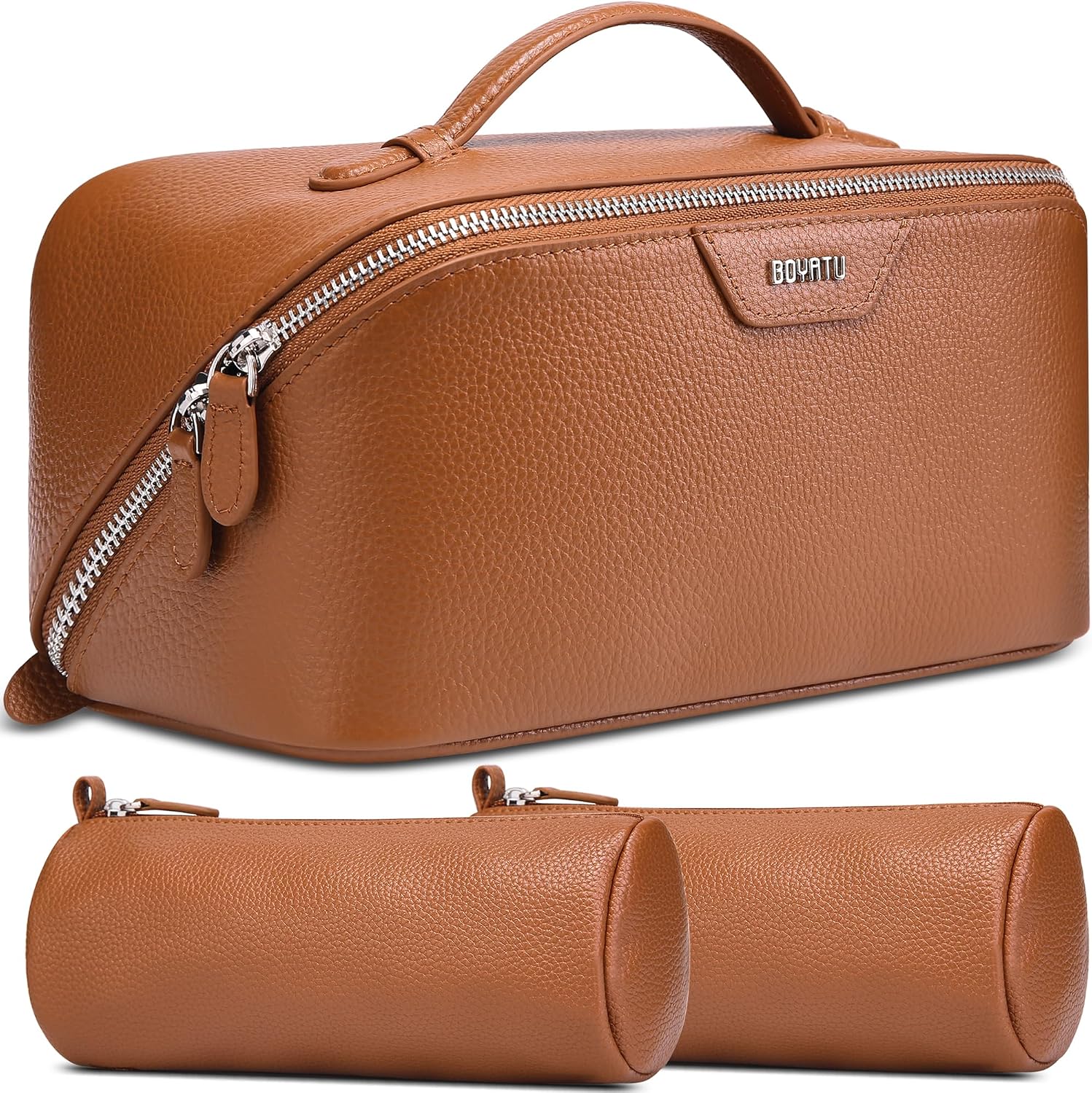 BOYATU Genuine Leather Travel Makeup Bag: Large Capacity 3 Pcs Set Cosmetic Bags for Women - Designer Waterproof Hand-made for Toiletry Organizer - Ladies Travel Essentials for Elegance (01Brown)
