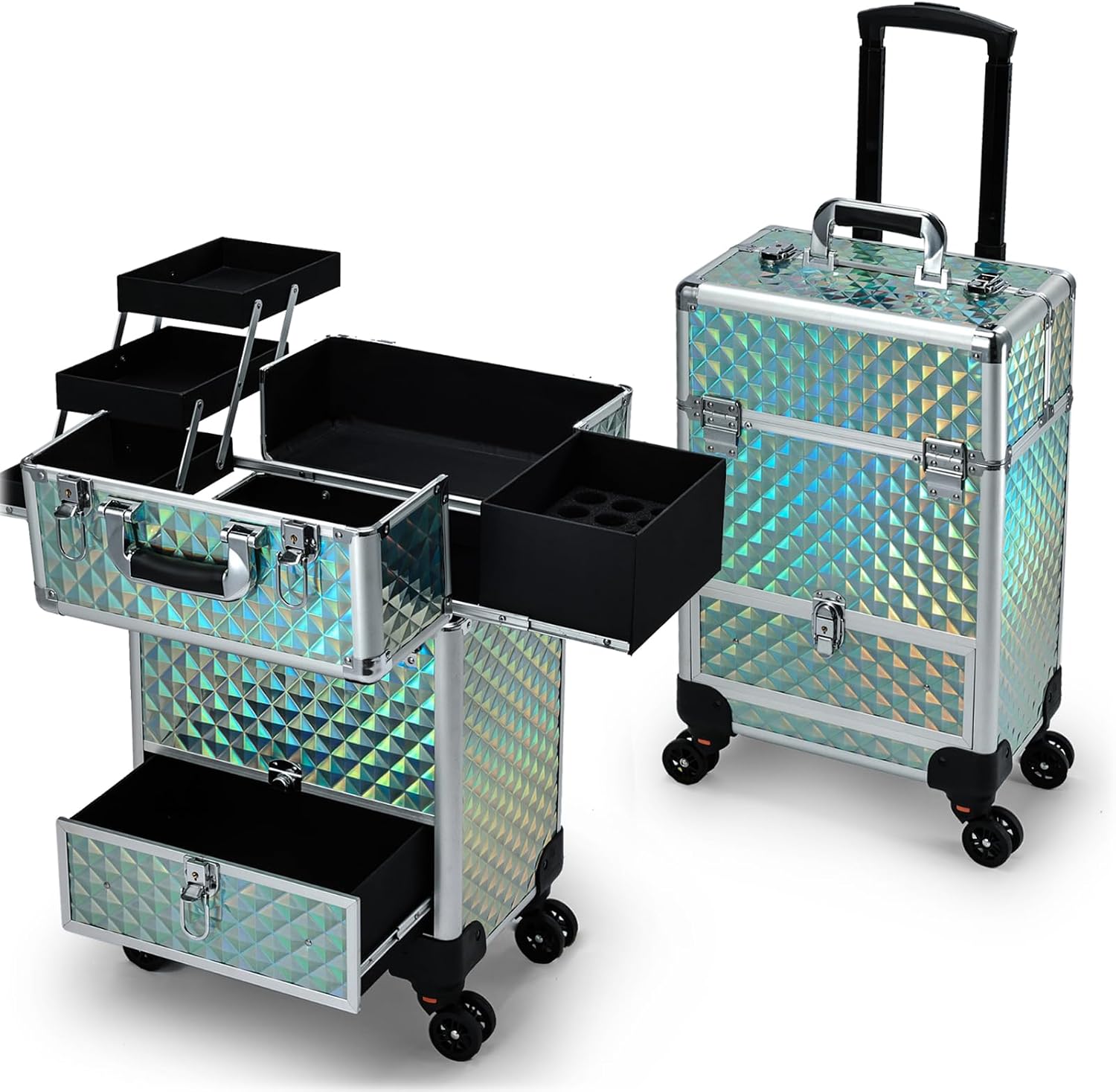 Hododou Blue Rolling Makeup Case with Drawer Travel Trolley Cosmetology Case on Wheel Makeup Storage Salon Barber Case Traveling Cart Trunk for Cosmetologist Nail Tech Hairstylist