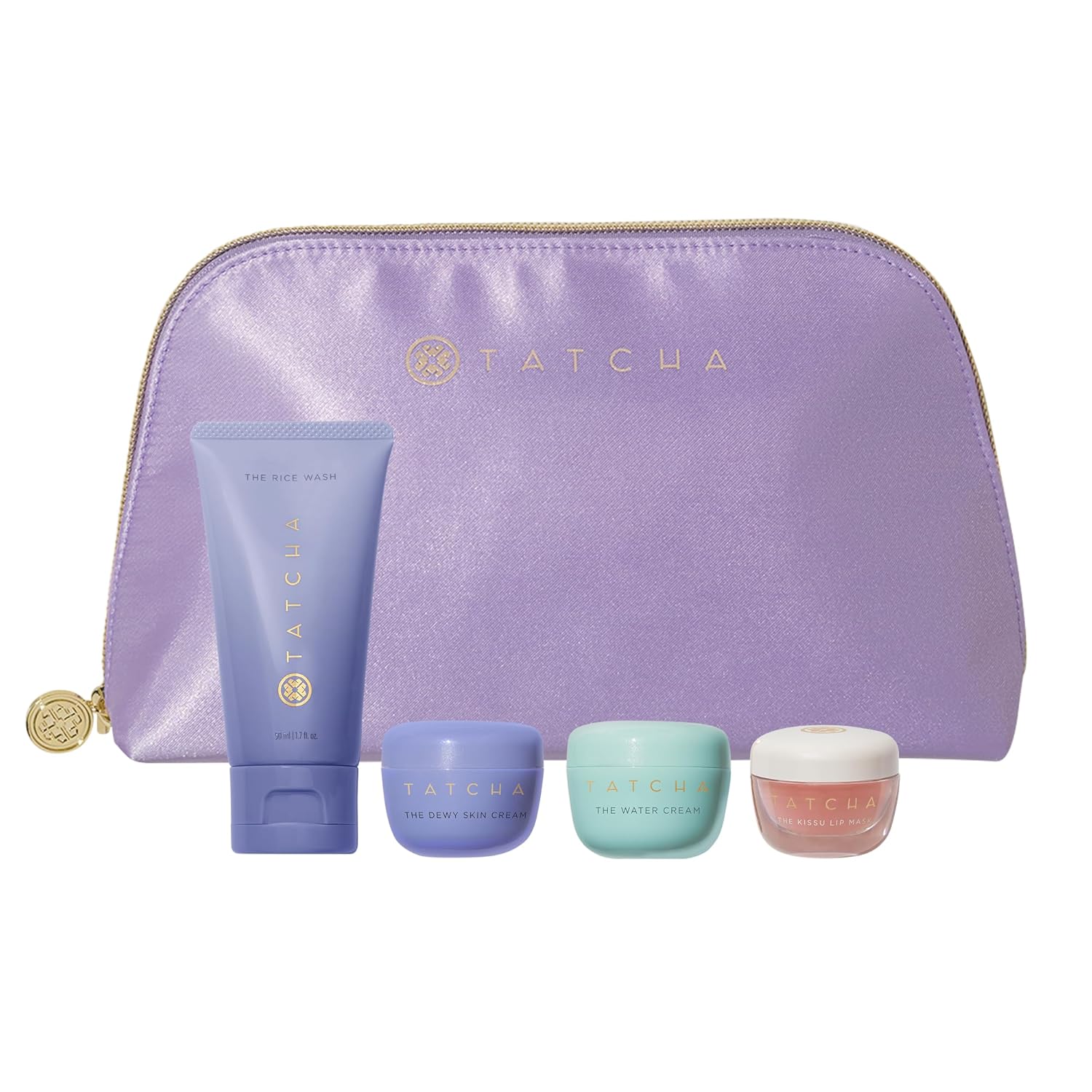 Tatcha's Travel Essentials Set - Trial-Size Bestselling Japanese Skincare - Travel Bag with a Mini Rice Wash, Dewy Skin Cream, Water Cream, and Kissu Lip Mask - TSA Friendly Kit & Gift Set